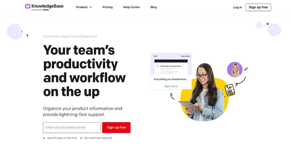 KnowledgeBase — strona produktowa, hero z formularzem rejestracji