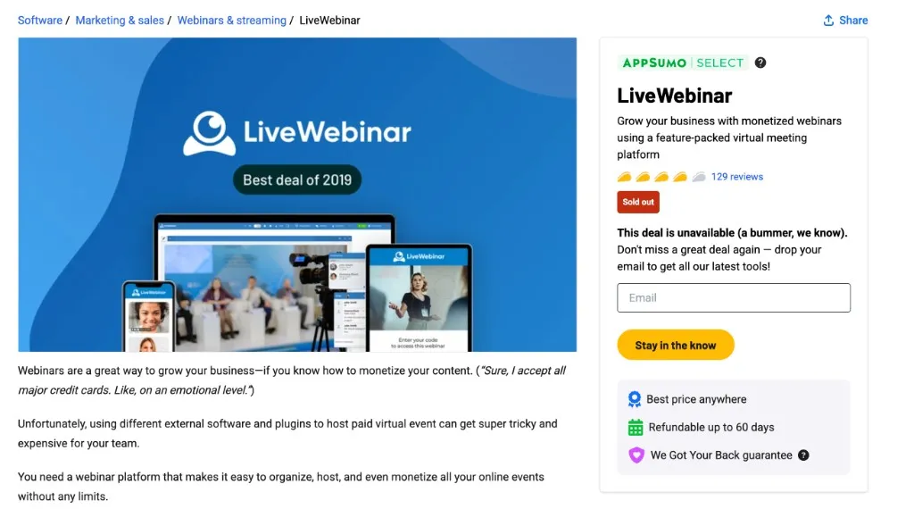 LiveWebinar — kampania AppSumo Select, Best deal of 2019