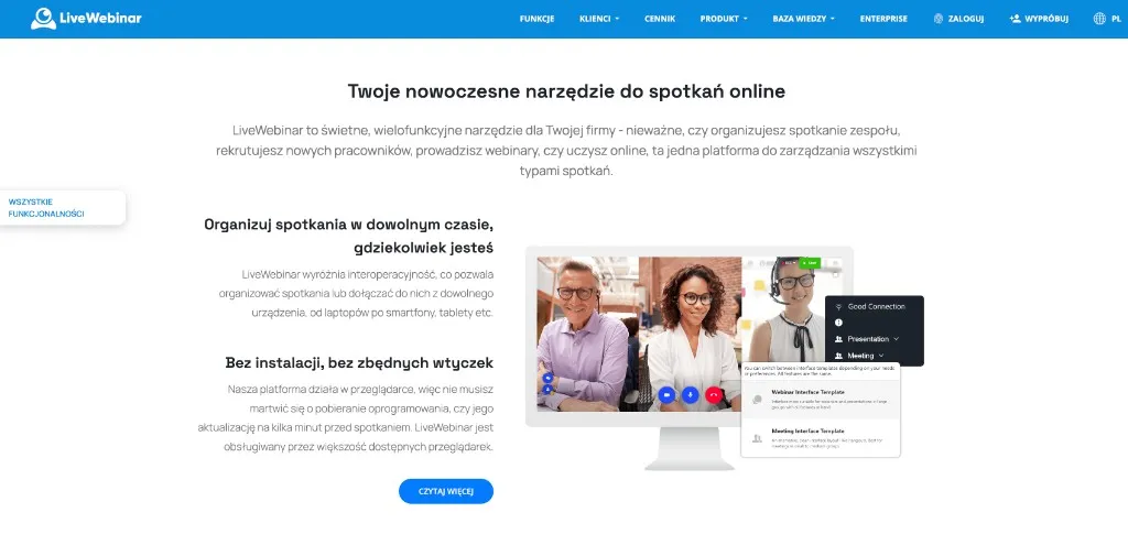 LiveWebinar — landing page spotkań online z mockupem wideokonferencji